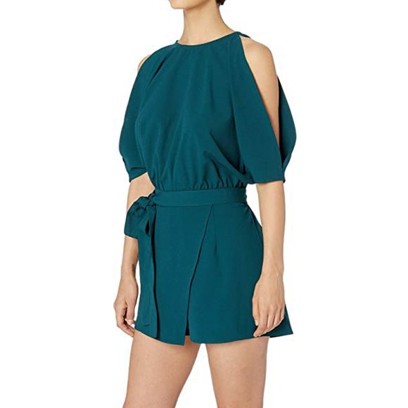 BISHOP + YOUNG Off Duty Teal Cold Shoulder Open Back Crepe Belted Romper - Picture 3 of 3